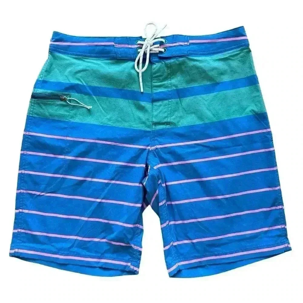 Men’s J.Crew 9" stretch eco board short swim trunks blue green stripe Size 30